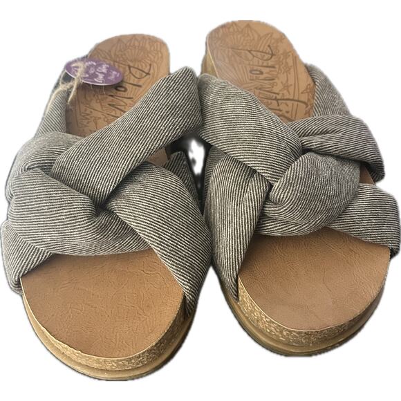 Blowfish Malibu vegan cork brown white striped fabric twist slides size 7 NWT - Picture 2 of 5